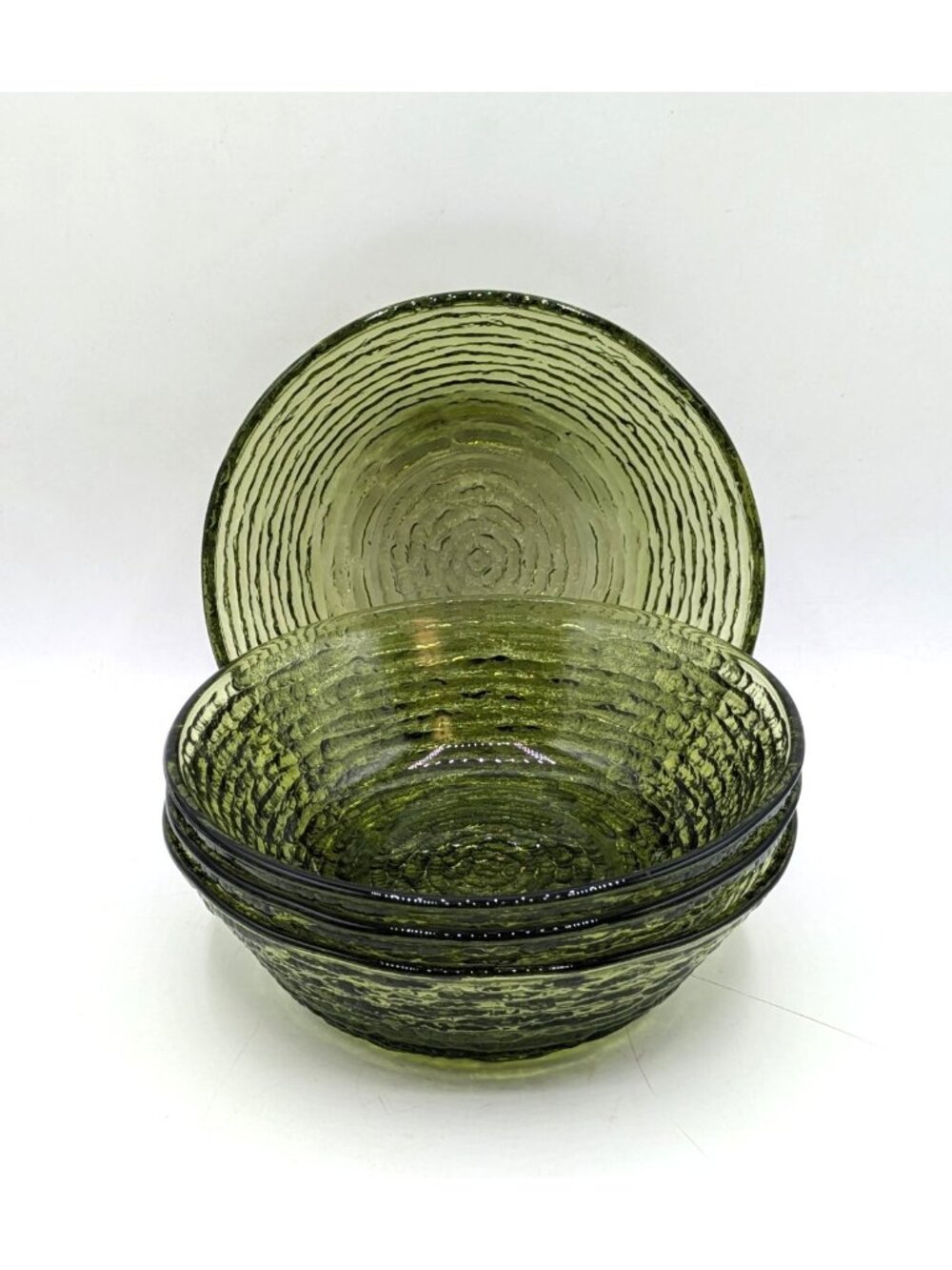 Anchor Hocking Soreno Avacado Green Crinkle Glass Cereal Bowl Set of 4 6"